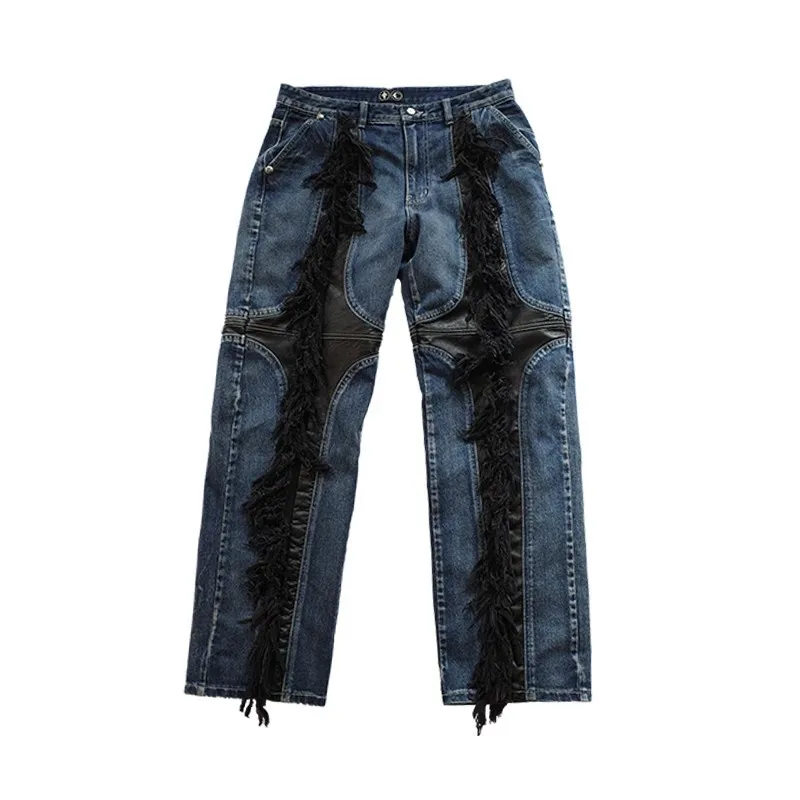 2024 New Blue Tassels Thug Club Tag Denim Zipper Slim Fit Straight PANT Jeans Cotton Denim Pants Casual Jeans Size 1 2 3 #N197 6