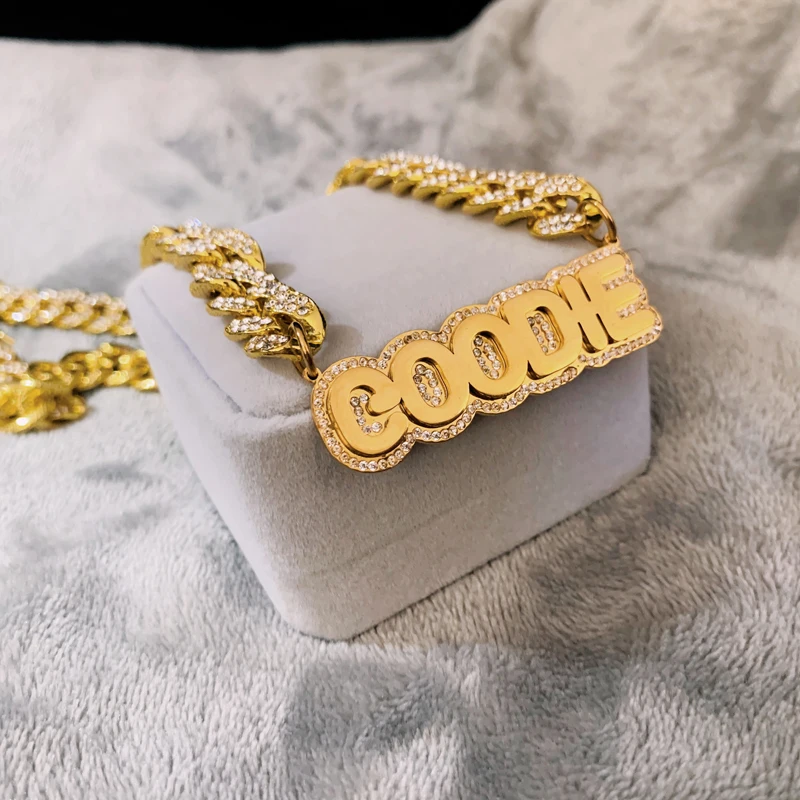 Customized 2 Layers Stainless Steel  Words Name Necklace 1.2cm Rhinestone Cuban Chain Miami Cuban Link for Men Women Gifts a z custom stainless steel bling bubble letters name necklace pendant rhinestone hip hop tennis chain necklaces jewelry gift