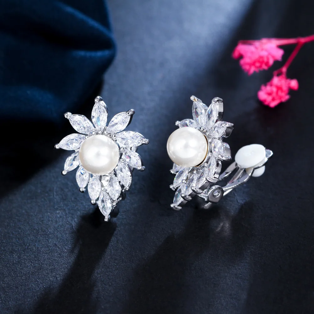 CWWZircons Non Pierced Design Shiny White Cubic Zirconia Bridal Wedding Party Clip On Pearl Earrings Without Piercing CZ162 4