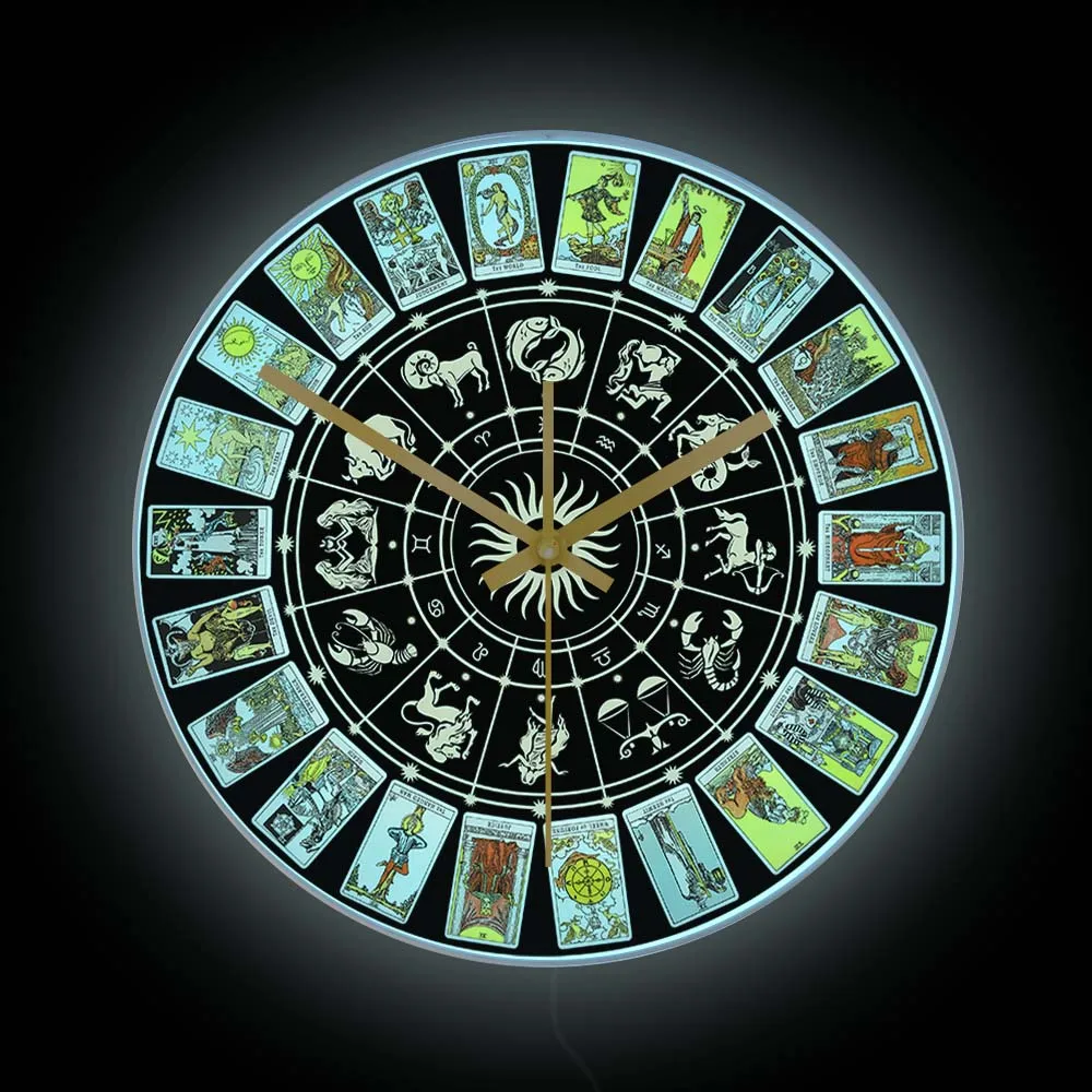 

The Major Arcana Wheel of the Zodiac Luminous Wall Clock Tarot Prediction LED Lighting Decor Horoscope Circle Clock Glow In Dark