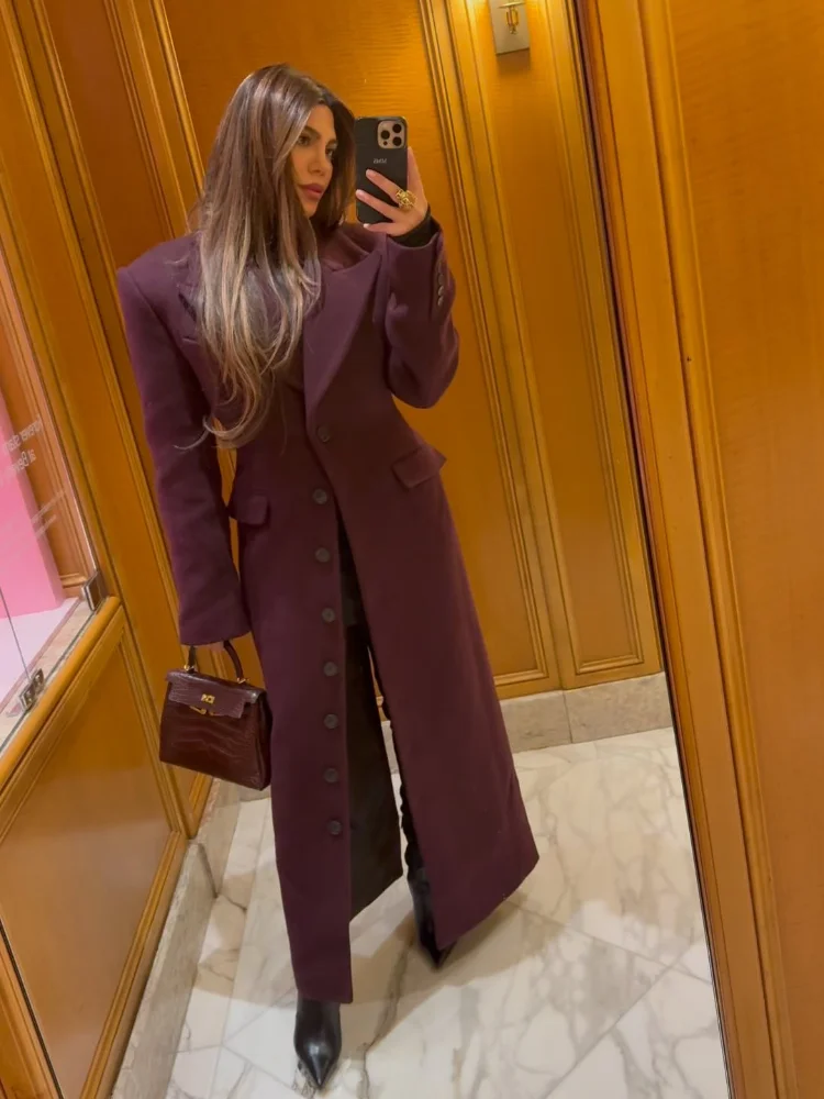 Elegant Wine Red Waist Up Wool Blend Long Jacket Women Chic Lapel Collar Single Breast Overcoat 2025 Autumn Lady High Streetwear 4