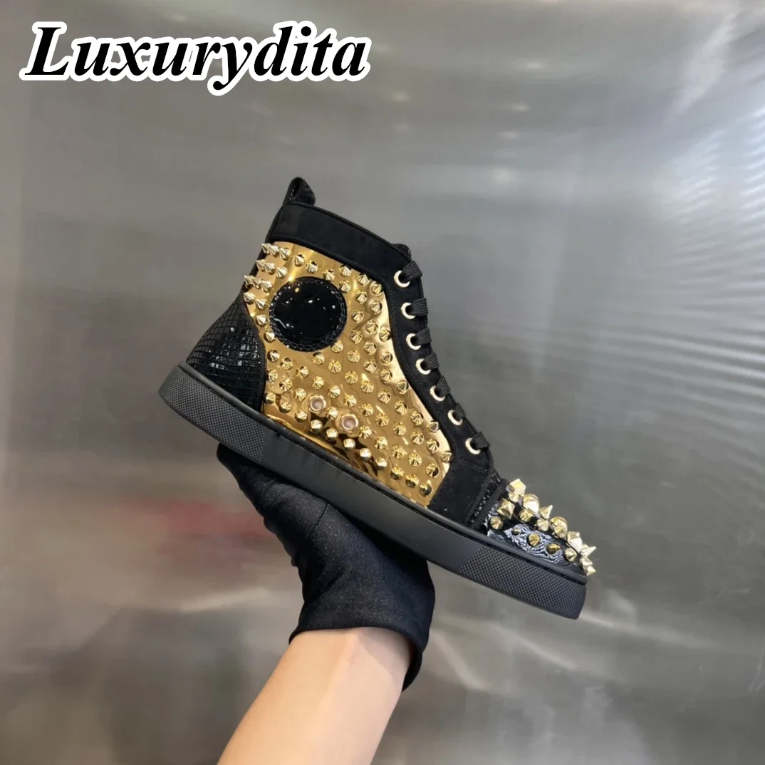 LUXURYDITA Designer Men Casual Sneakers Real Leather Rivet Luxury Womens Tennis Shoes 35-47 Fashion Unisex loafers HJ614