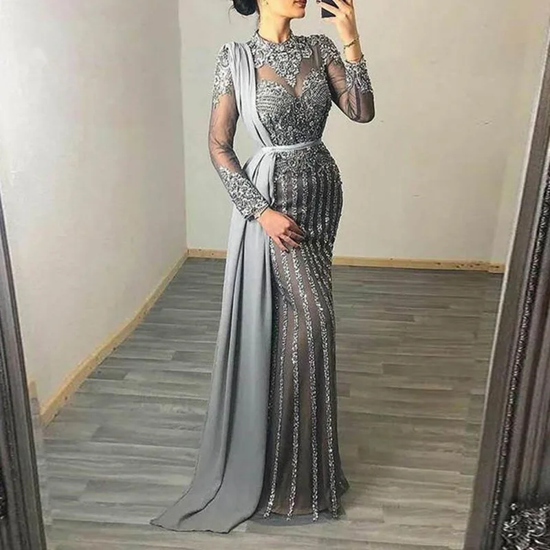

2022 New arrival women luxury temperament see-through slim fit evening dress high waist elegant tailing gown for ladies