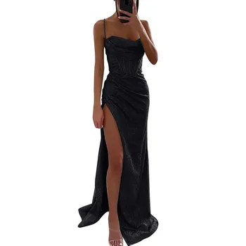 Women's High Split Sleeveless and Backless Spaghetti Strap Corset Bodycon Prom Dress