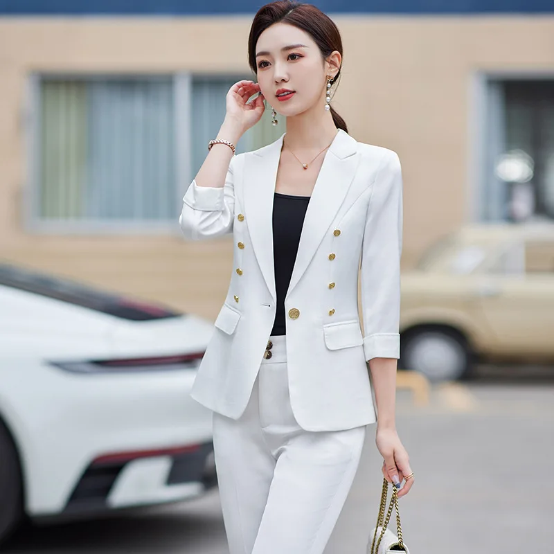 High Quality Fabric Women Formal Professional Business Suits with Pants and Jackets Coat 2023 Spring OL Styles Blazers Pantsuits
