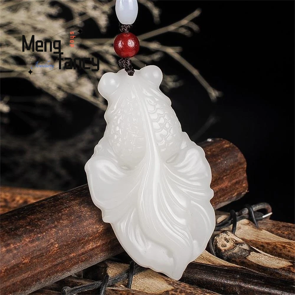 Natural Hetian Colourful Jade Floating Flower Goldfish Koi Pendant Jewelry Handicraft Holiday Gift