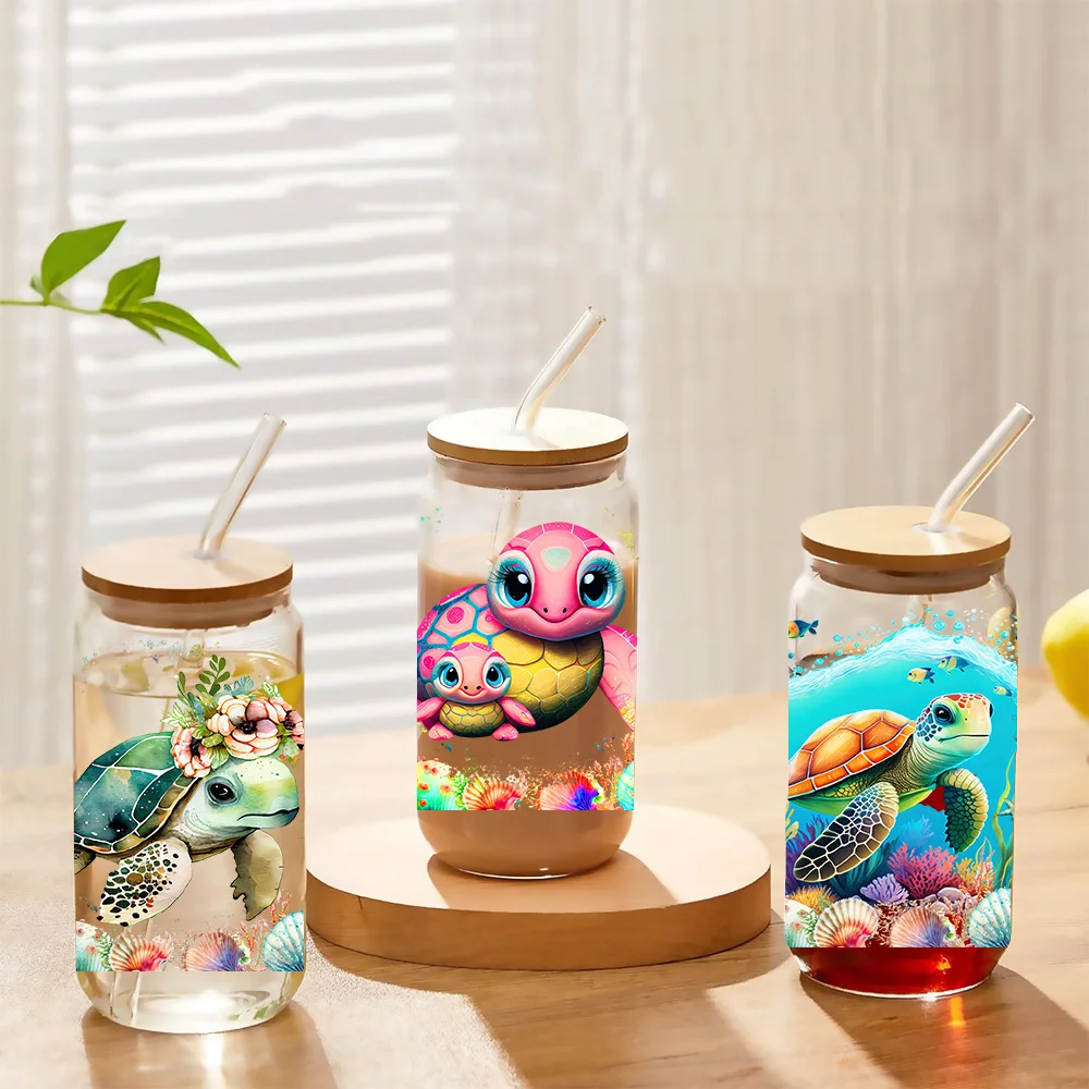 Cute turtle Series easy peel waterproof DIY Decals Retro Beauty 3D transfers uvdtf crystal sticker 16oz uv dtf cup wraps
