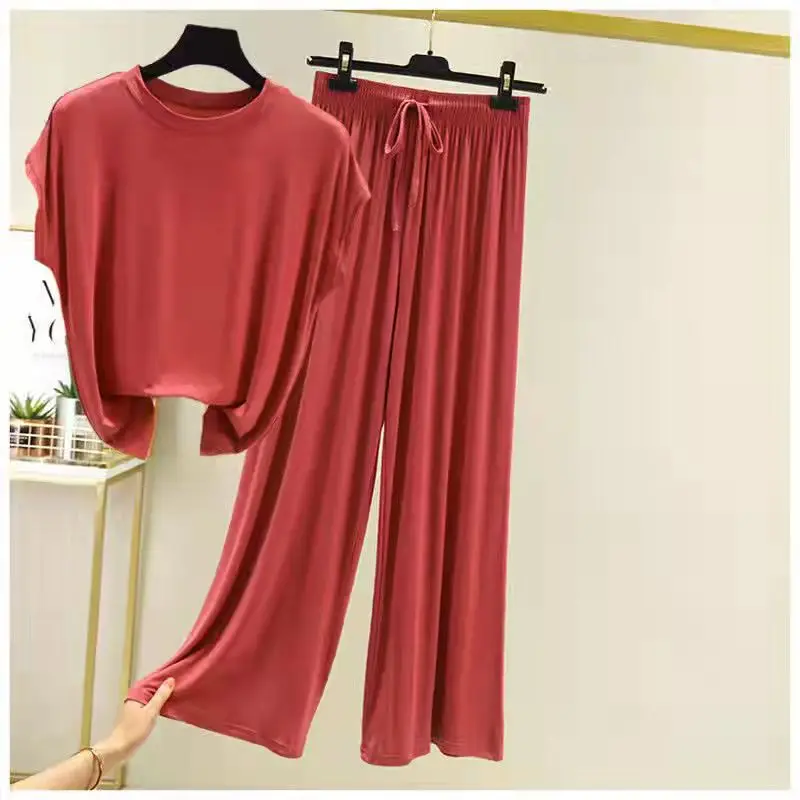Women Pajamas Set Women Pajama Suit Cotton Pajamas Set Modal Loose Homewear set O-neck Tshirts short sleeves and Wide leg pants Casual streetwear suit all match
