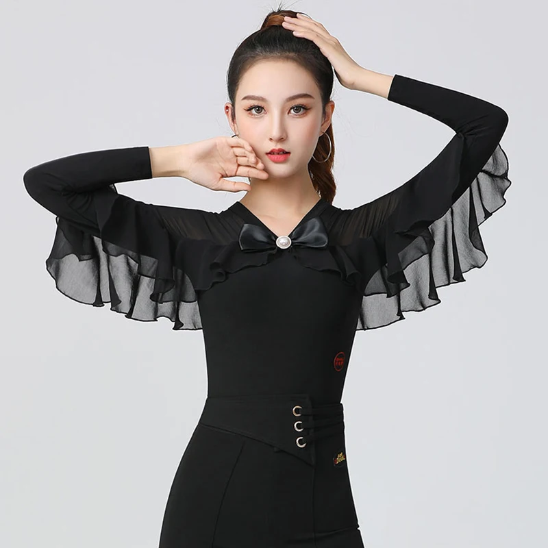 

Ballroom Latin Dance Tops Leotard Women's Competition Modern Waltz Clothes Long Sleeves Rumba Salsa Performance Dancewear