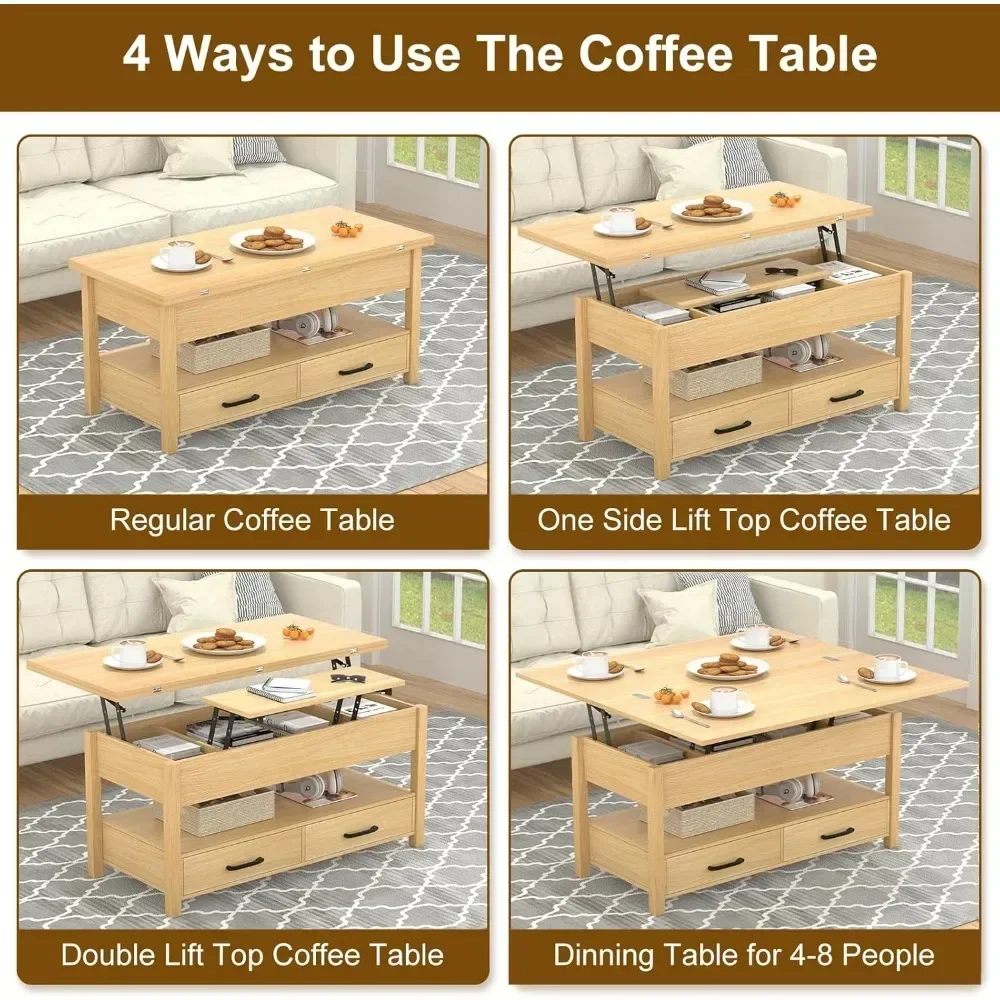 3-in-1 Multifunctional Coffee Table with Drawers and Hidden Compartments, Coffee Table Converts to Dining