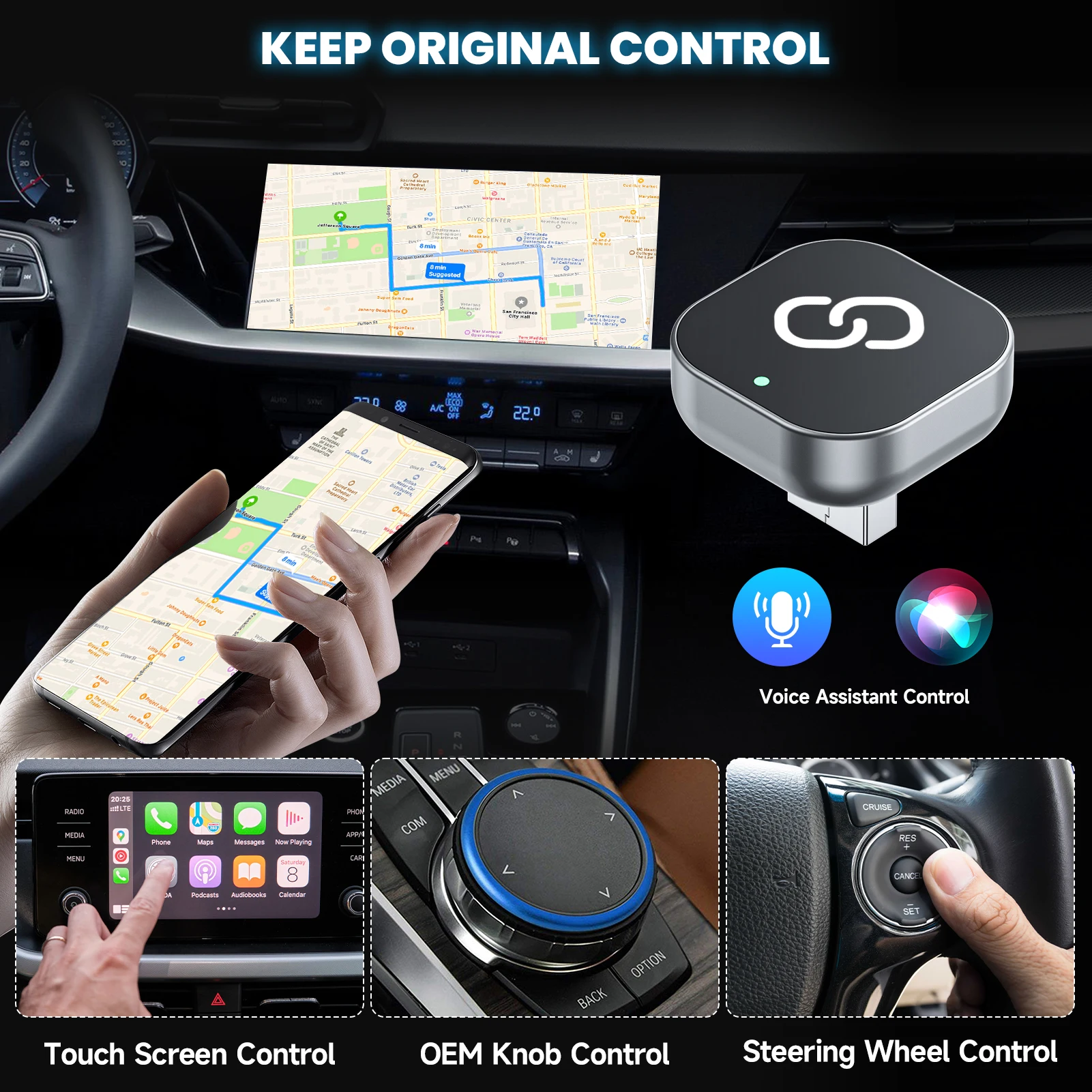 2 in 1 Wireless CarPlay Adapter Plug & Plug Auto Converts Wired to Wireless Compatible for iPhone & Android Mini Metal Design