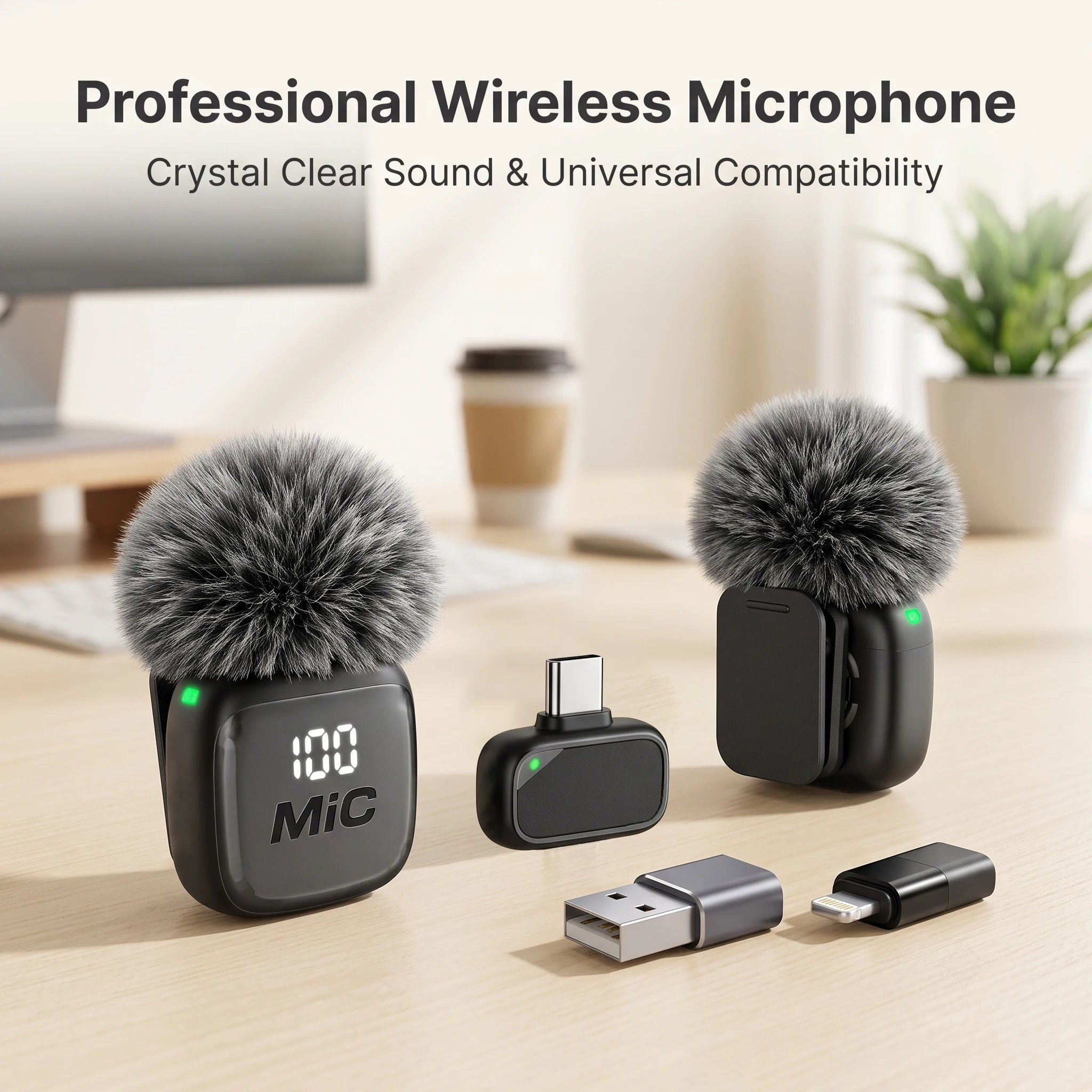 Wireless Lavalier Microphone, Mini Mic, Wind Cover, Type-C With Lightning & USB Adapter, for Phones, Tablets, Laptops, Computers