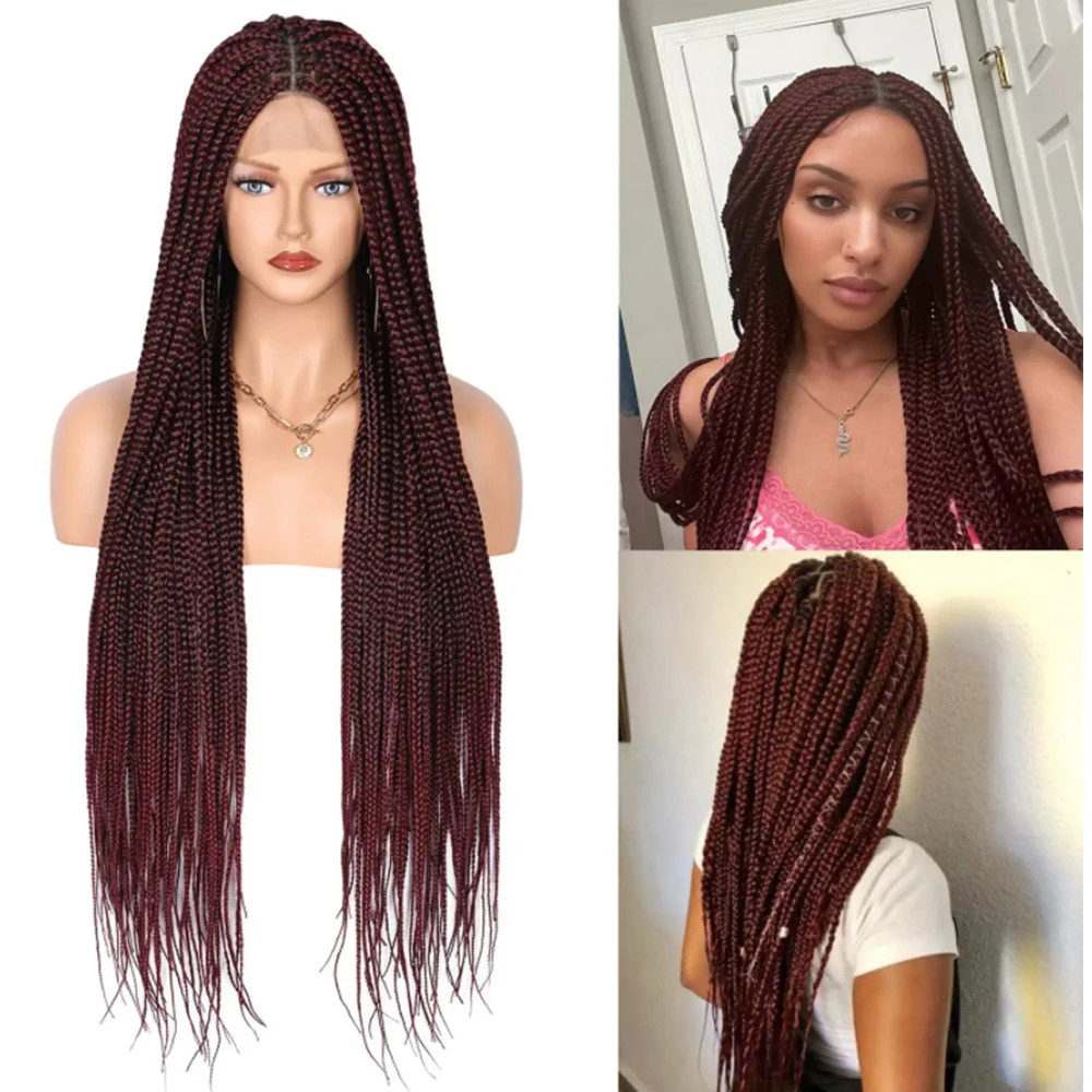

Ombre Red 99J Full Lace Front Knotless Braided Wigs Criss Cross Box Braid Hair Synthetic Wig With Baby Hair For Black Women