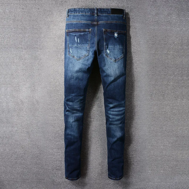 Street Fashion Men Jeans Retro Dark Blue Stretch Skinny Fit Ripped Jeans Men Orange Leather Patched Designer Hip Hop Brand Pants