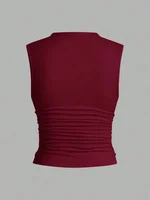 Haut court plissé à col montant pour femmes, couleur unie, basique, sans manches, froncé, Streetwear, été 2