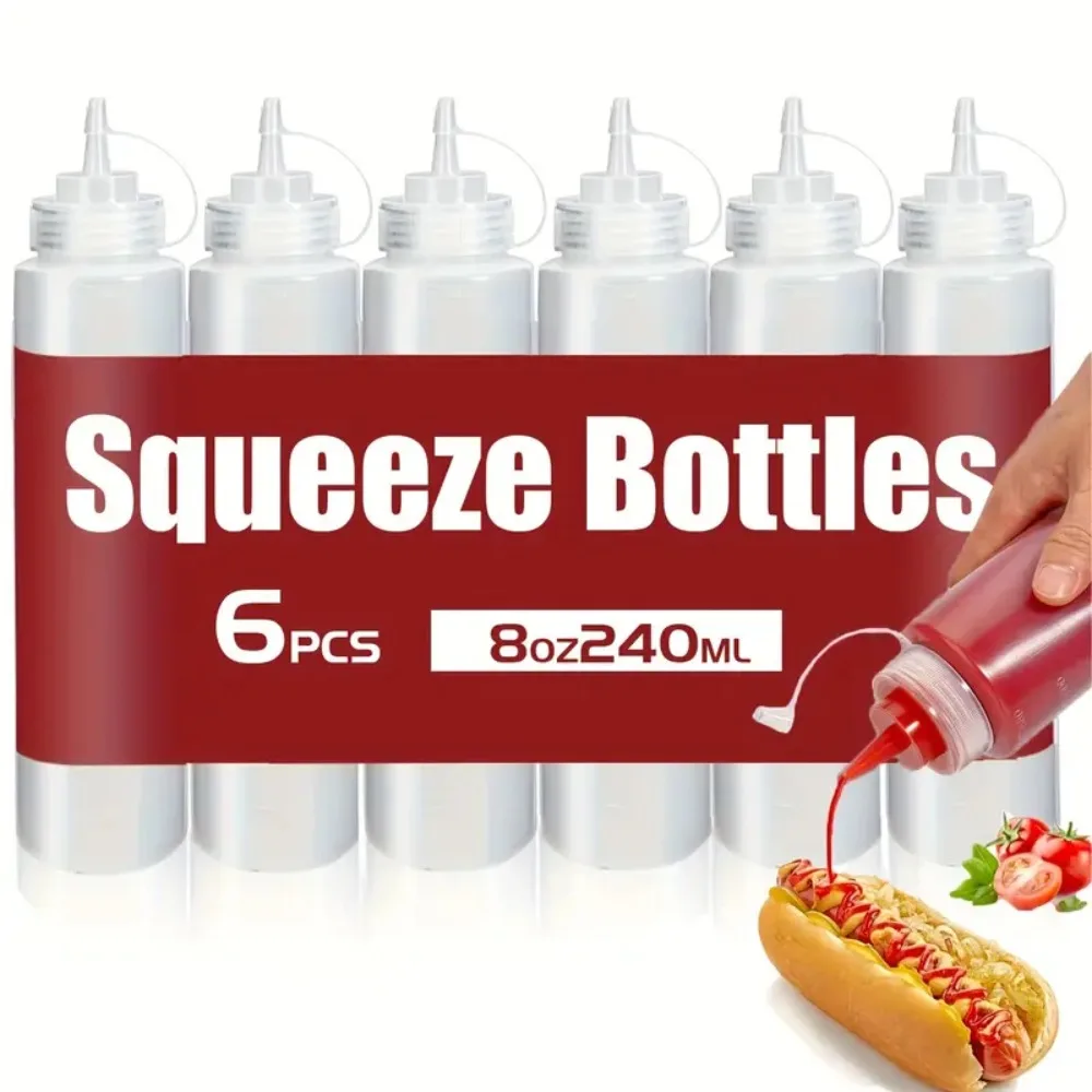 Condiment Squeeze Bottles 6pcs 240ml Condiment Squeeze Bottles Plastic Squeeze Squirt Bottles with Twist on Caps and Measurement for BBQ Sauces Salad Oil