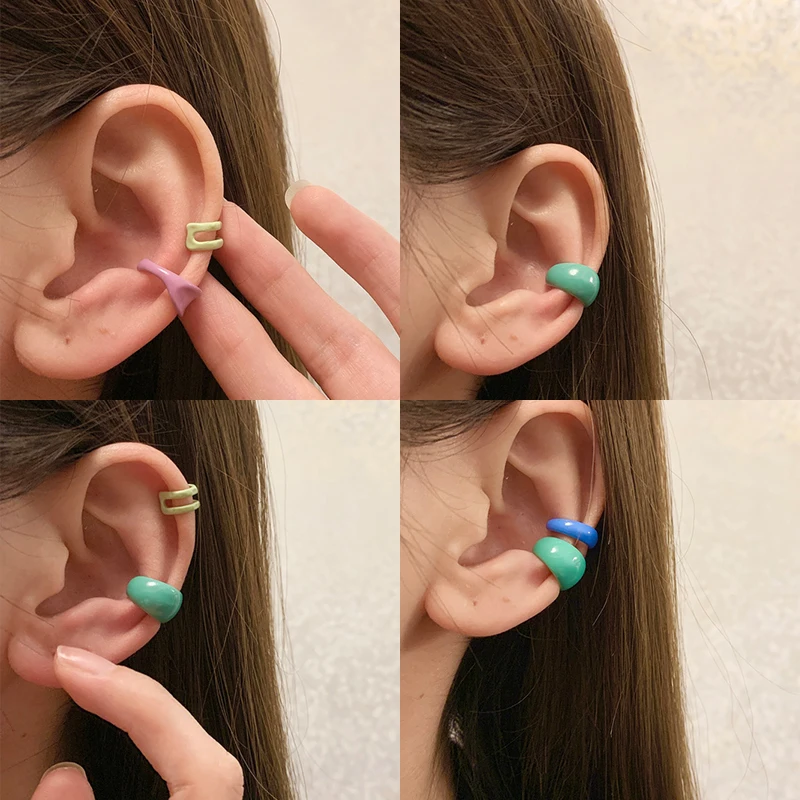 Ear Clip Earrings Colorful Enamel Clip for Women Men Geometric Fake Non-Piercing Ear Cuff Cartilage Set Trend Jewelry Gift