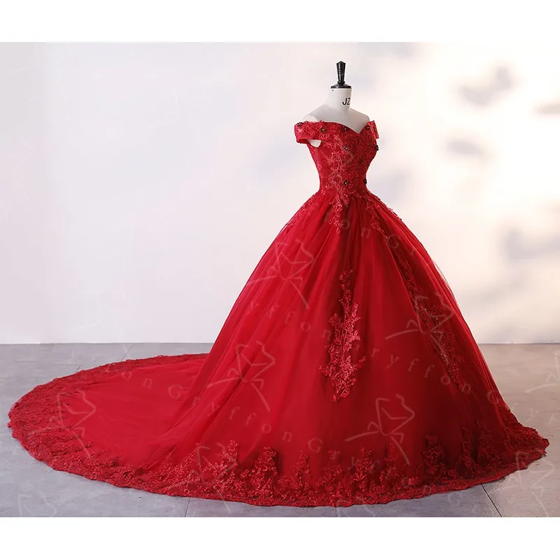 Quinceanera Party Dress New Dark Red Classic Off Shoulder Ball Gown Luxury Lace Sweet Flower Prom Real Photo party dress quinceanera dresses