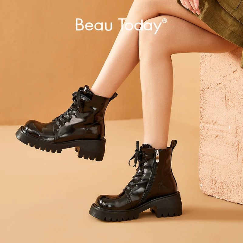 BeauToday-플랫폼 발목 부츠, 여성  소 가죽 스퀘어 토, 숙녀 두꺼운 밑창 신발, 수제 03A09