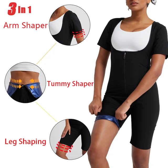 Women Sauna Suit Full Body Shaper 3 in 1 Sweat Vest Waist Trainer Zipper Slimming Bodysuit Shapewear Workout with Sleeve Shorts 4