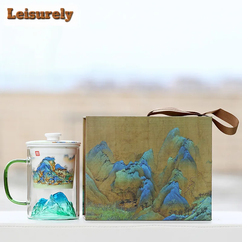 400ML Landscape Glass Office Work Cup Personal Tea Water Separation Mug Large Capacity White Porcelain Filtration Mug Gift Box