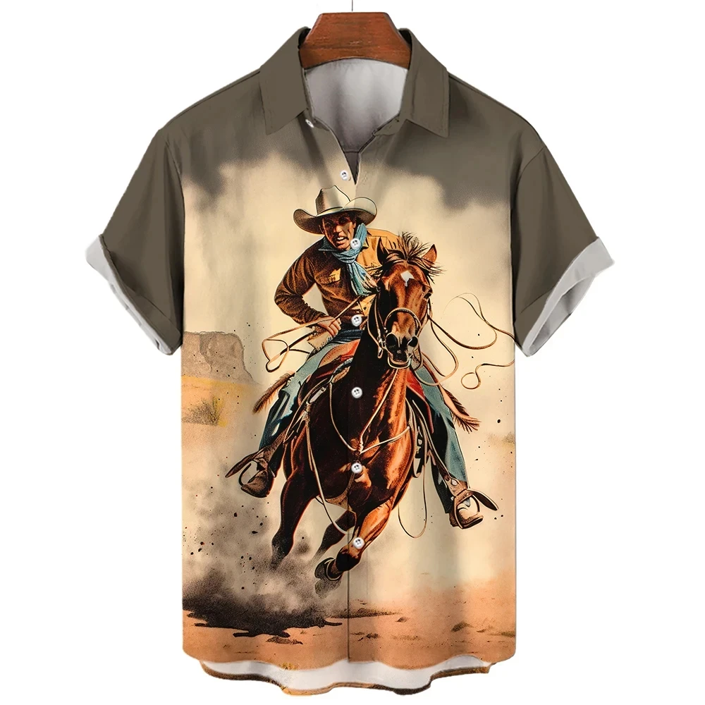 thumbnail image 1 of Camisa retro de vaquero occidental con estampado 3D para hombre, manga corta, solapa, botones clásicos, moda urbana, ropa de verano, extra grande, 1 of 5