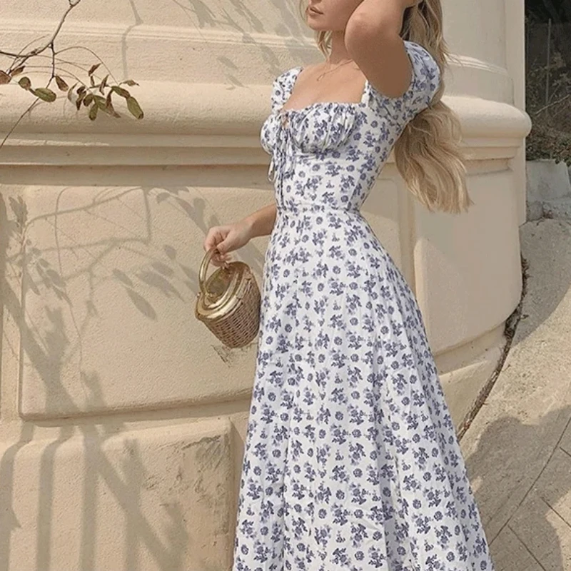 2025 Summer Sweet Ruffle Dress Vintage Floral Printed Dressess for Women French Elegant Square Collar Backless Dress 20472 - Image 5