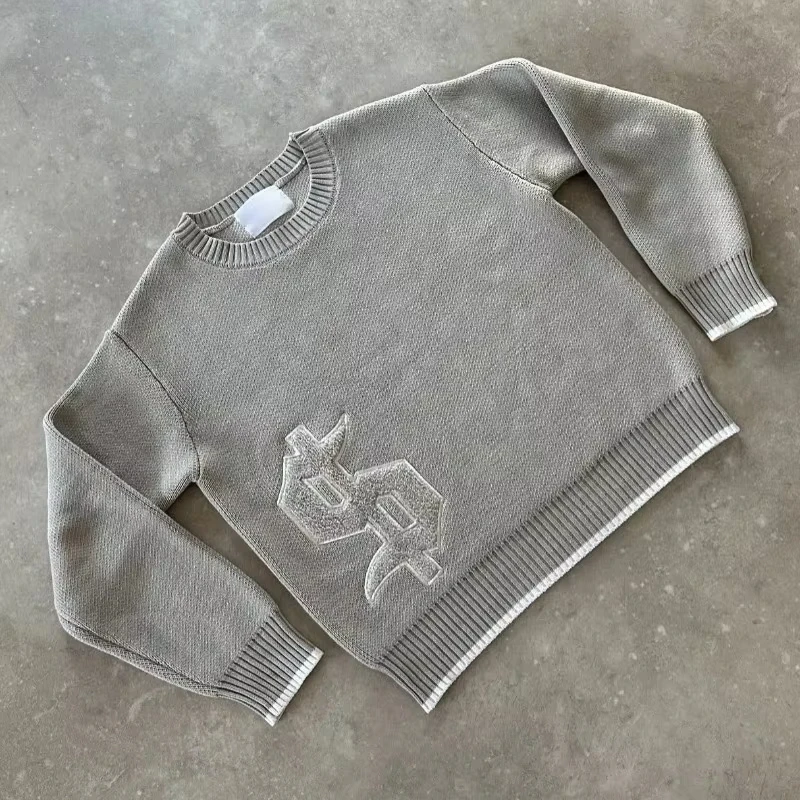 Y2K Gray Dollar Knitted Sweater Goth New Popular Symbol Pattern Retro Harajuku Pullover Top Winter Warm Boxy Men Clothing Unisex