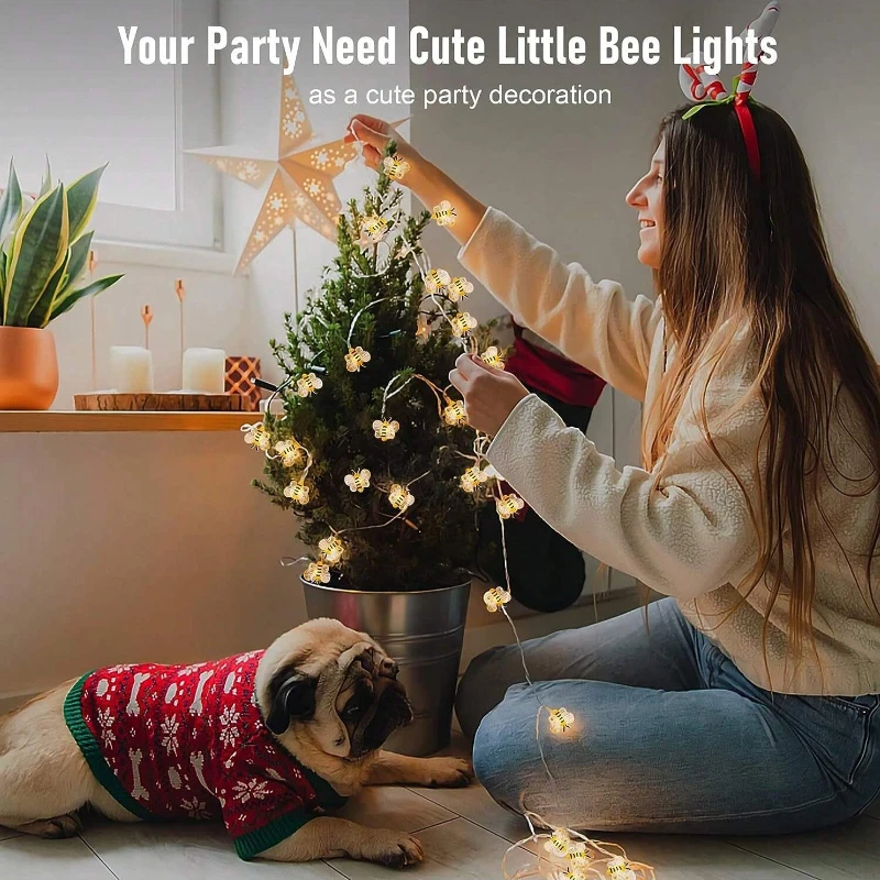 3.3FT/6.6FT Bee Led String Lights, Fairy Lights, Battery Powered, Christmas Helloween Decorations Garland Garden Patio Wedding