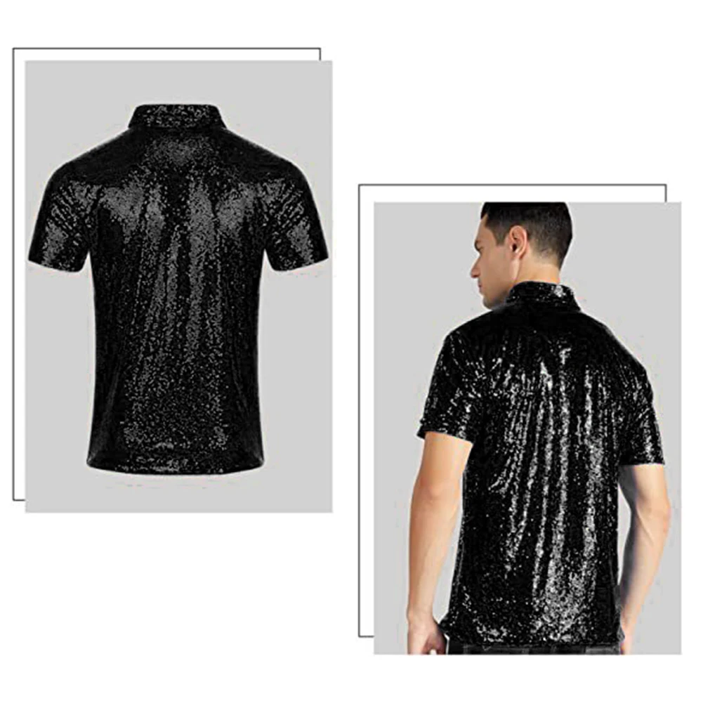 

Comfy Fashion T-Shirt Short Sleeve Lapel Men Nightclub Party Sequin Short Sleeve Solid Color Summer T Shirt Daily