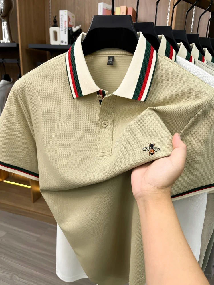 High-End Seide Baumwolle Kurzarm Herren POLO Shirt Sommer Mode Marke Boutique Bienen Stickerei Freizeit Business Flip-up T-Shirt – Detail 4