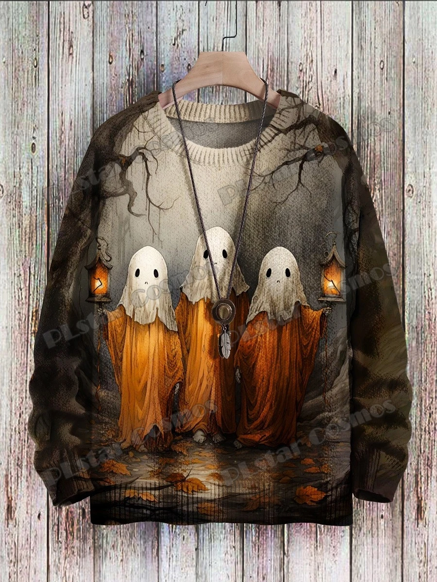 Halloween Sweater For Women – Ghost Skeleton Pumpkin Print Long Sleeve Crewneck Knit Pullover For Fall & Winter