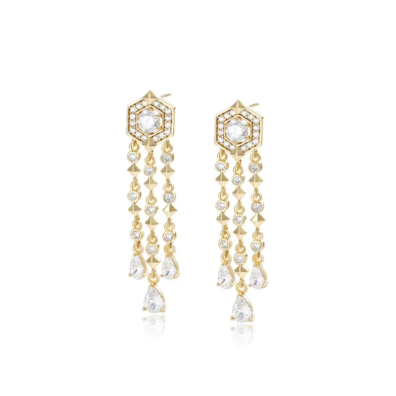 

Jewelry Micro inlaid with Zirconium Plated Gold Long Tassel Earrings, High end Fashion, European and American Style