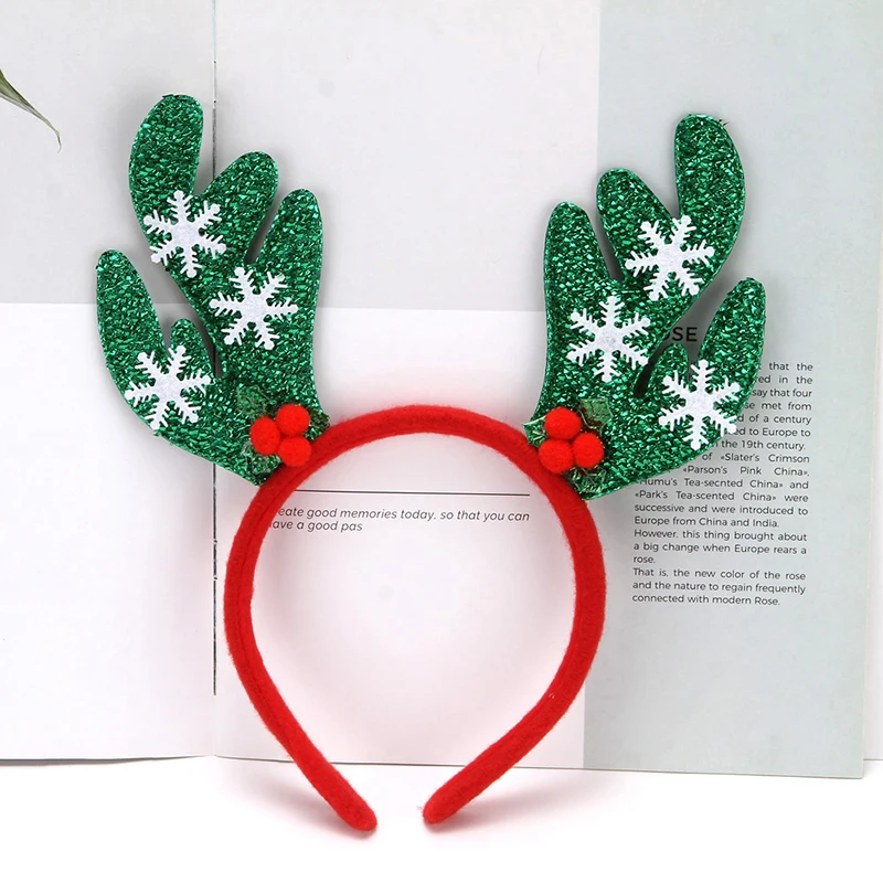 NEW Christmas Antler Hair Hoop Printed Plaid Red Bowknot Glass Filament Christmas Decorations With Wing Head Band