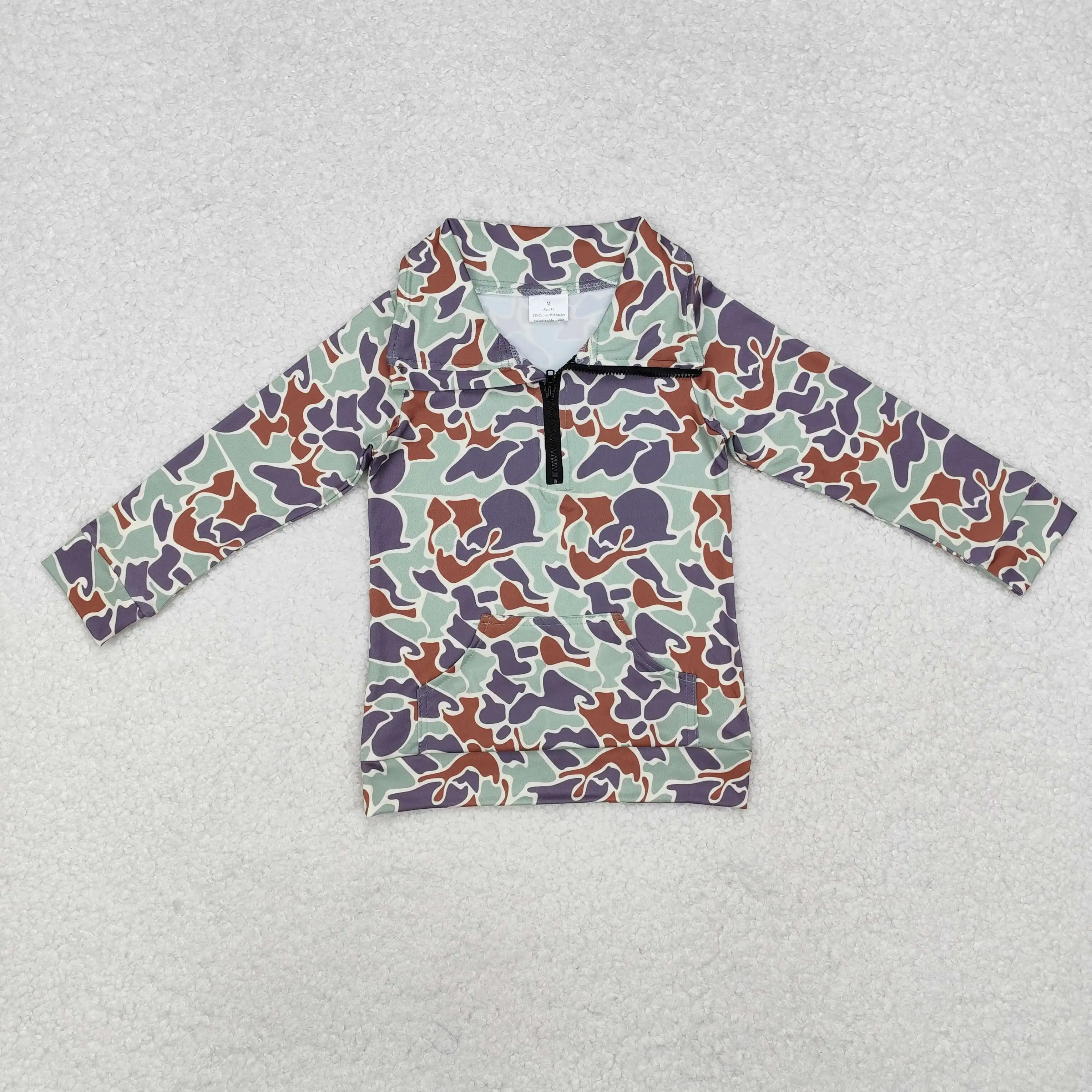 BT1037 Summer baby boy clothes Pocket camouflage light brown zippered long sleeve top Boutique kids clothes boys