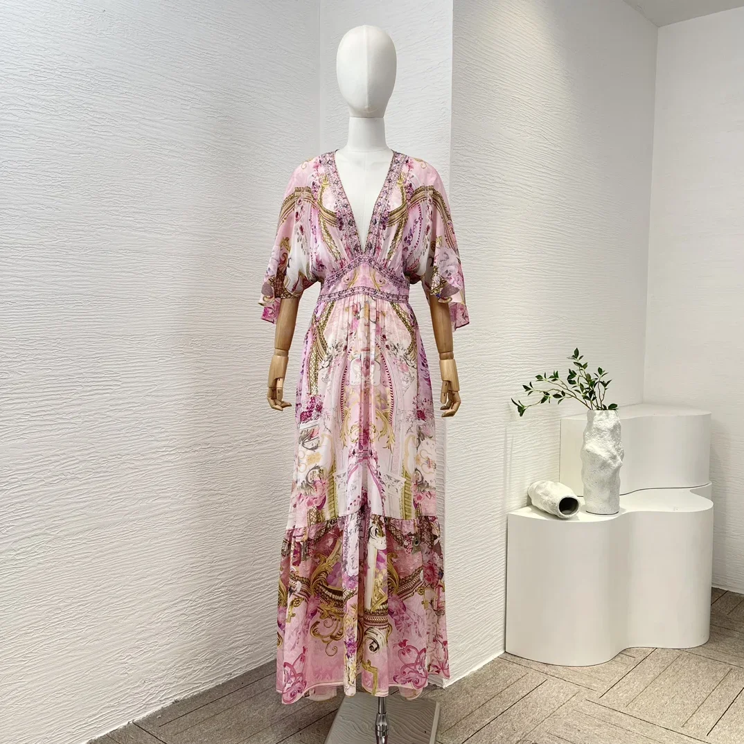 

Shirred 2024 New Collection Silk Top Quality Diamonds Pink Floral Print Half Sleeve Elastic High Waist Women Maxi Dress