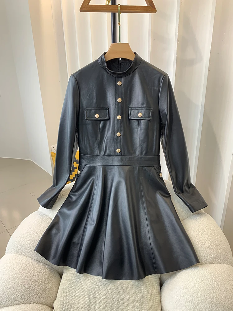 

Europe Autumn Chic Women High Quality Genuine Leather Stand Collar Long Sleeves High-rise Dress C427