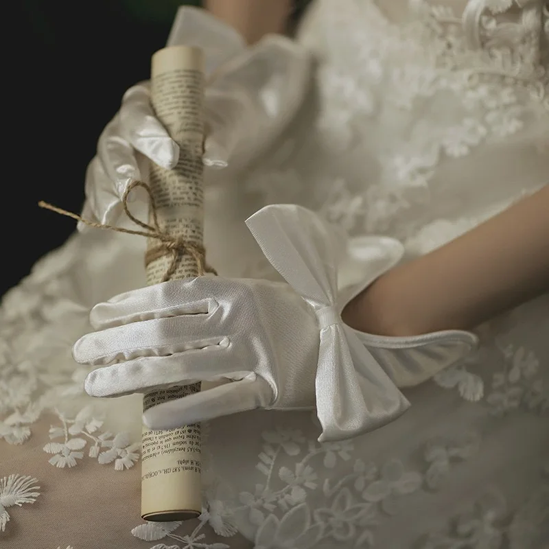 Women Short Full Fingers Bow Wrist Elegant White Ivory Satin Bridal Wedding Gloves Dress Accessories Prom Dancing Dinner