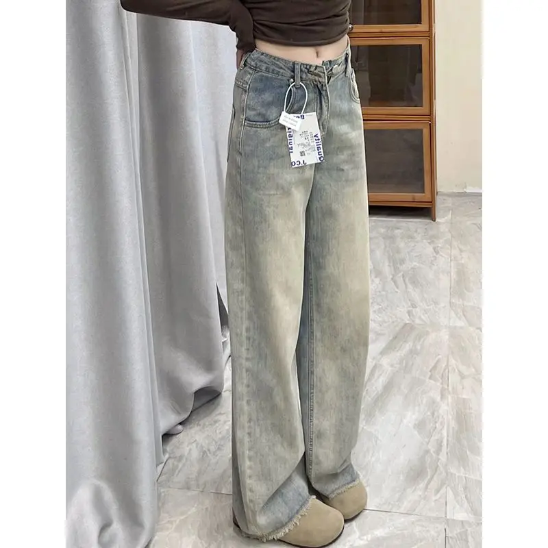 Retro drape narrow version raw edge jeans for women 150 short high waist straight wide leg floor mopping pants xs tall 5