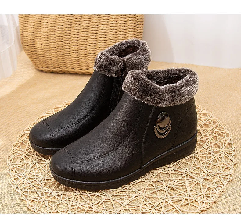 2025 Top Quality Mom Leather Ankle Boots Women Non-slip Winter Fur Snow Boots Female Wedge Oxford Sneakers Womens Winter Shoes