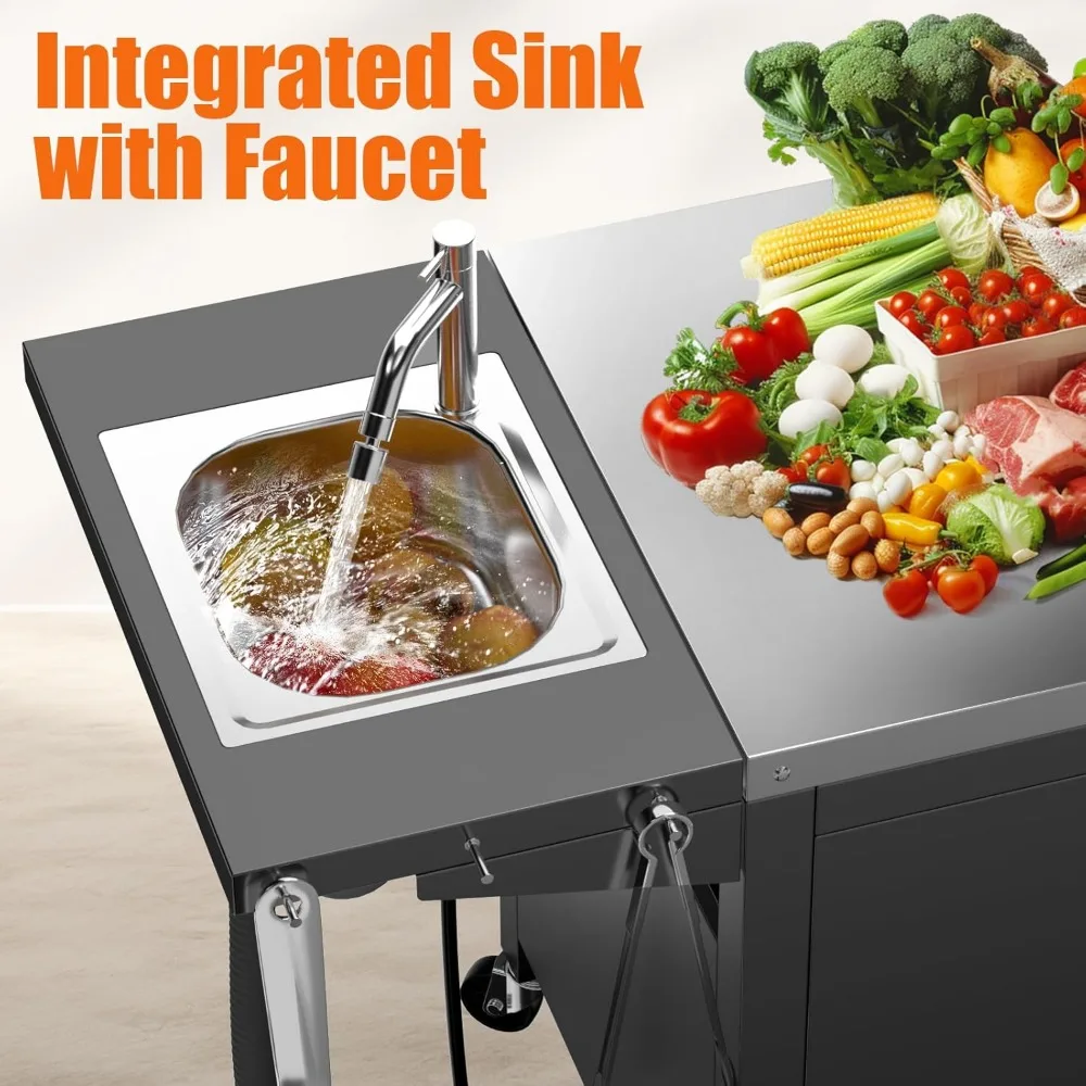 Grill Table with Sink, Modular Outdoor Kitchen Island with 100-Gallon Storage Cabinet, 304 Stainless Steel Top,L60” x W25” 4