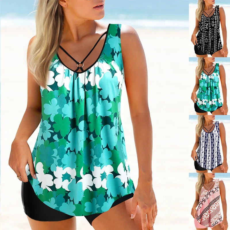 

2023 женский модный купальник-монокини из двух частей, пляжный купальник с принтом, танкини, летняя пляжная одежда, новый комплект для плавания