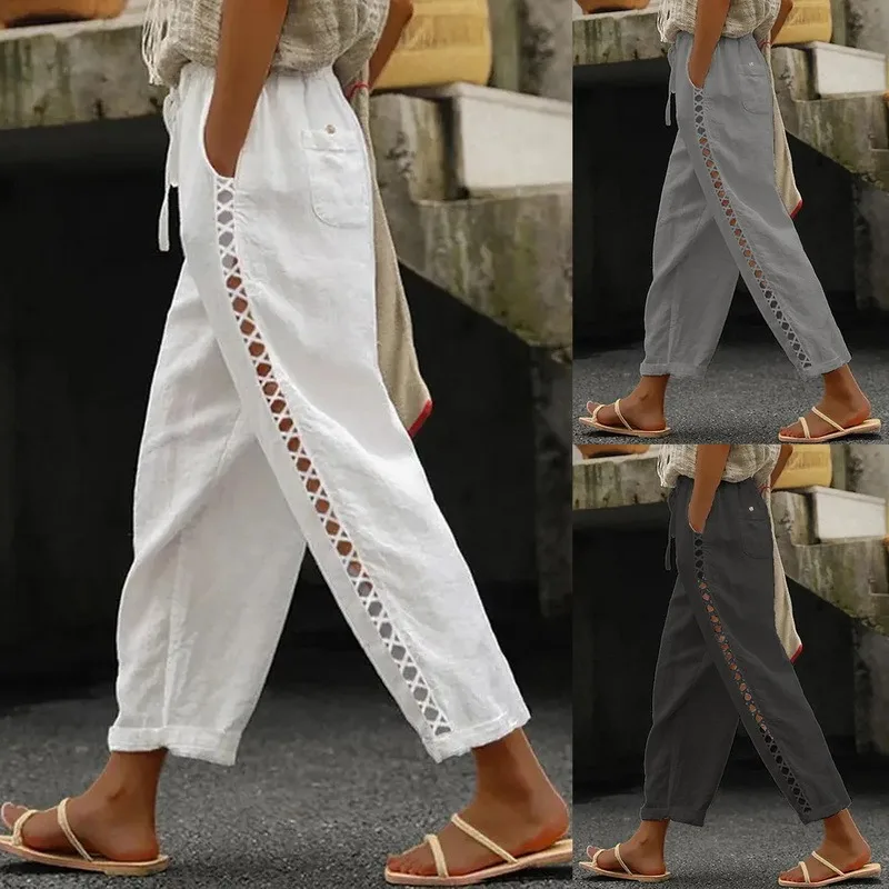 2023 New Women Cotton Linen Pants Summer Loose Lace Stitching Hollow Trousers Female Vintage Ankle-Length Wide Leg Trousers