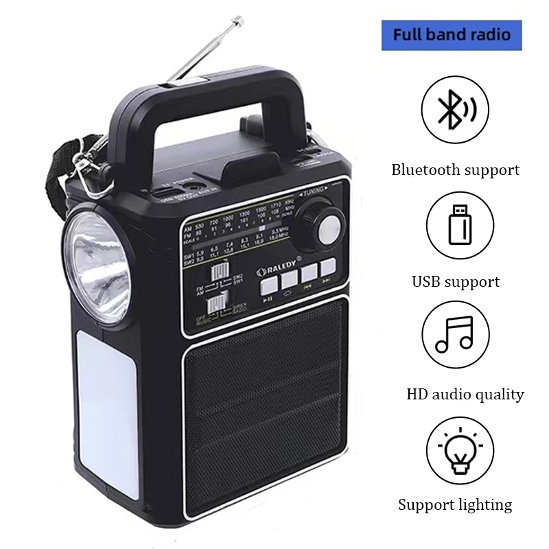 

Portable AM/FM/SW Emergency Radio Solar Powered Hand Crank Radio with LED Flashlight Bluetooth Speaker TF Card MP3 Power Bank
