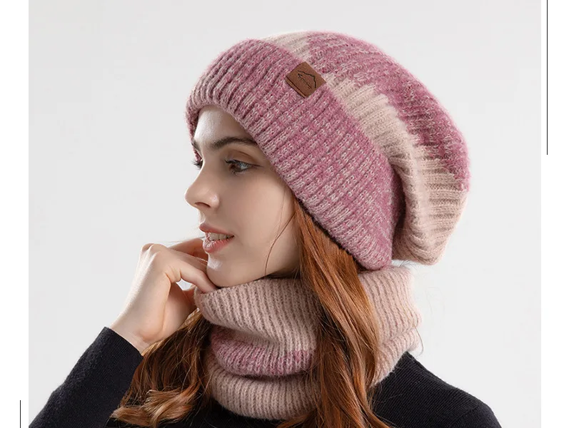 Winter Beanies Snood Sets Two Color Knitted Hat Female Casual Outdoor Balaclava Thicken Soft Warm Fur Scarf Cap Hats For_voghion.com