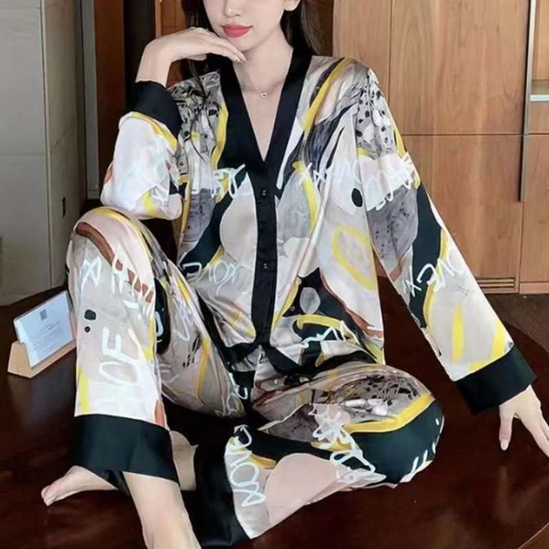 Cotton Pajama Set Women's long-sleeved ice silk pajamas two-piece set of printed high-end ice silk can be worn outside can be worn at home spring