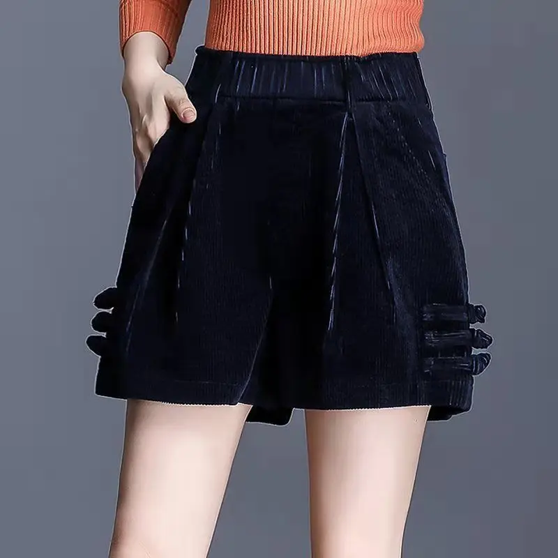 Women's Corduroy Wide Leg With Elastic High-waisted Spring and Autumn 2023 New Solid Color Ruched Pockets A-line Casual Shorts