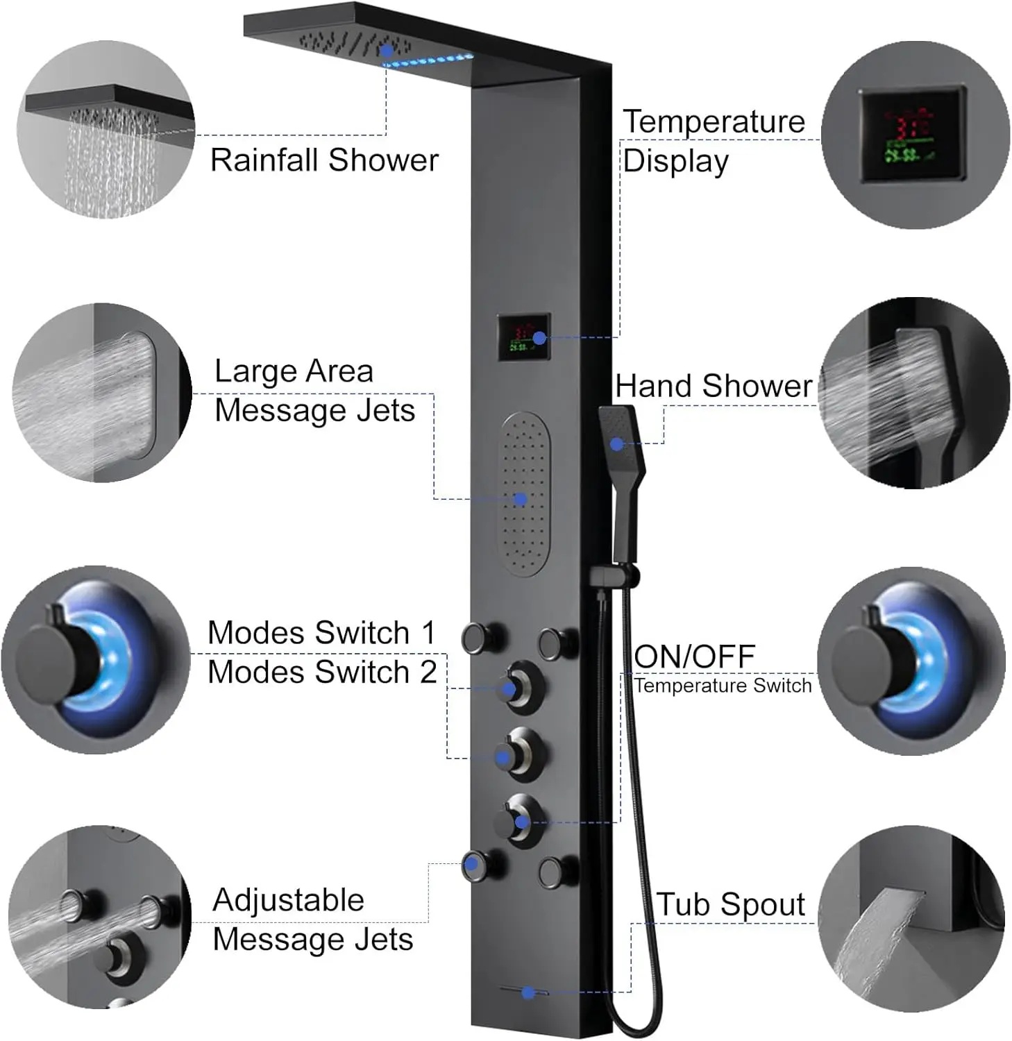 Black Shower Panel Tower System LED Light Shower Tower with Large Area Body Jet Massage Shower Fixtures with LCD Temperature 3