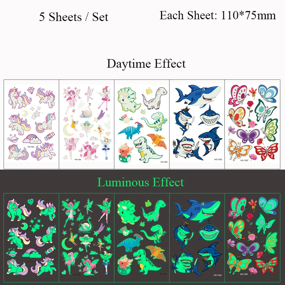 5 Sheets Luminous Tattoo Stickers Temporary Colorful Animal Dinosaur Tattoo Cute Tattoo Stickers Children's Body Tatto 3