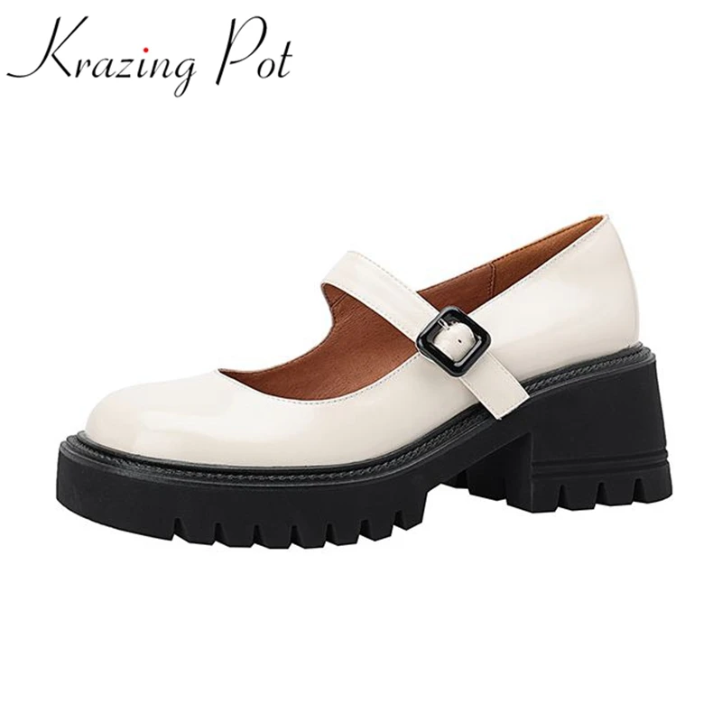 

krazing pot natural cow leather round toe thick high heels buckle straps waterproof non-slip maiden lady fashion leisure pumps